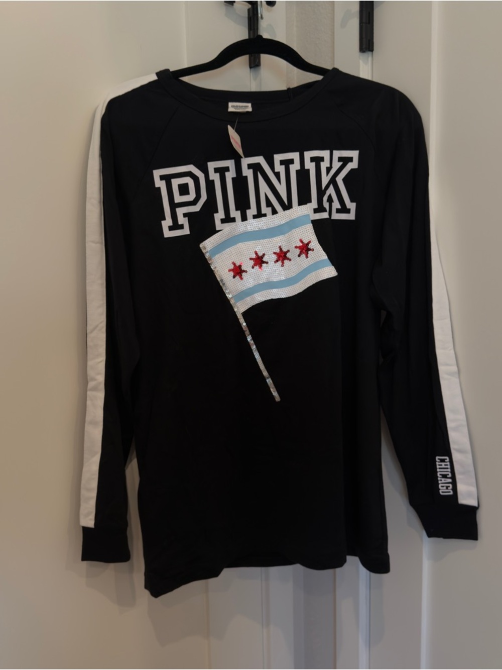 NWT PINK Victoria's Secret Black Long-Sleeve Chicago Flag Tee